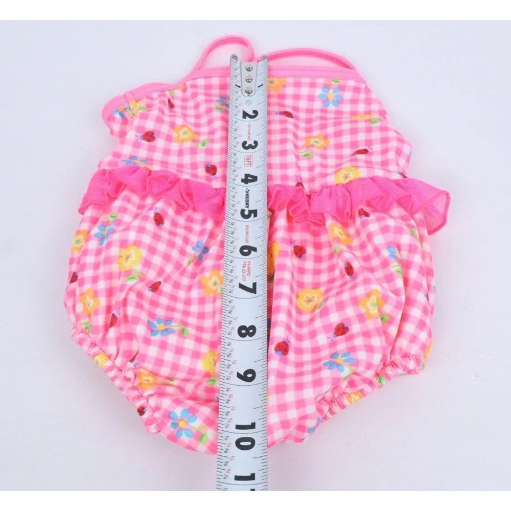 VTG‎ Healthtex 18 Month Girl One Piece Skirted Swimsuit Pink Checkered Flowers